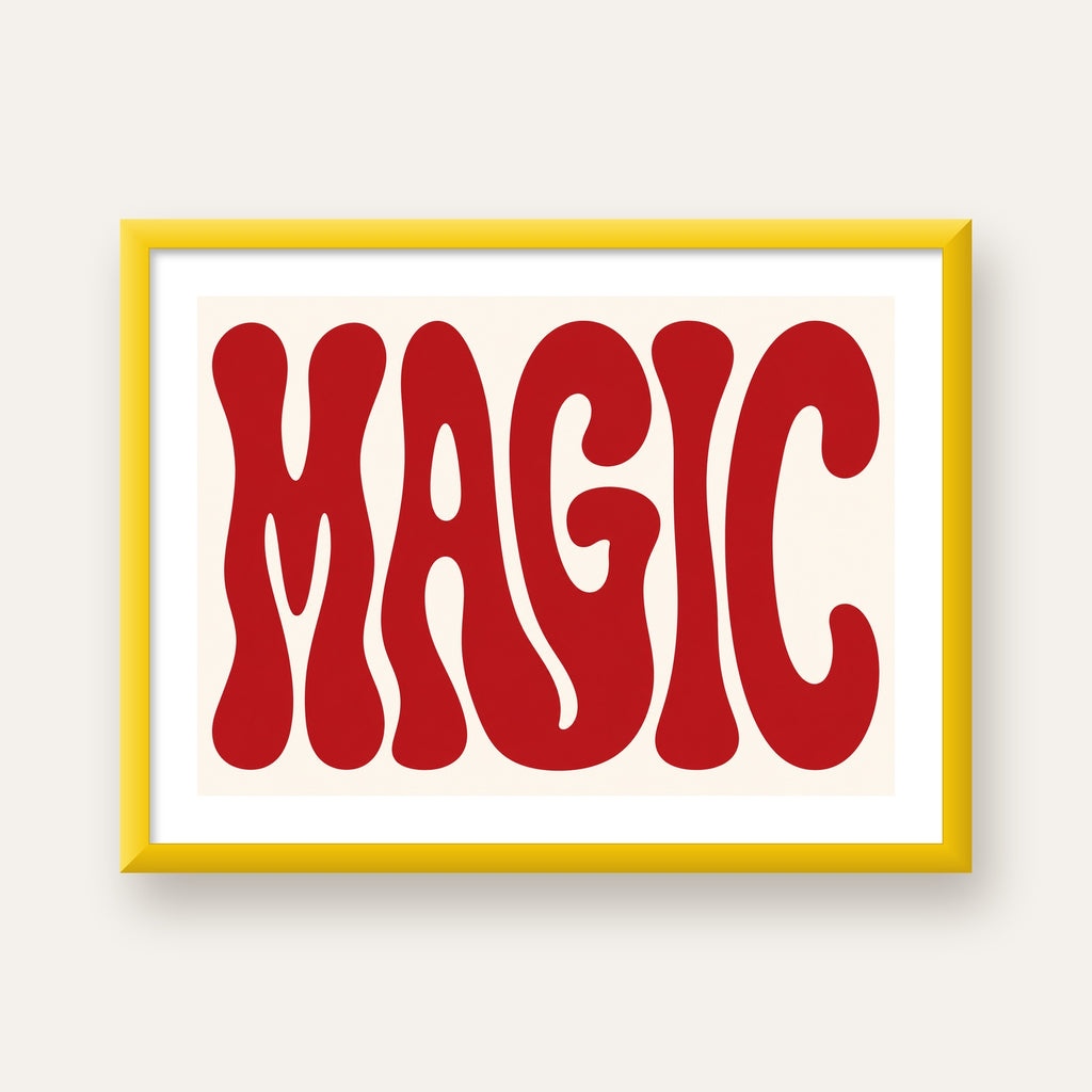 Retro Tipografi Magic Poster – Kırmızı Dalgalı Harfler Dekor — sarı çerçeveli paspartulu
