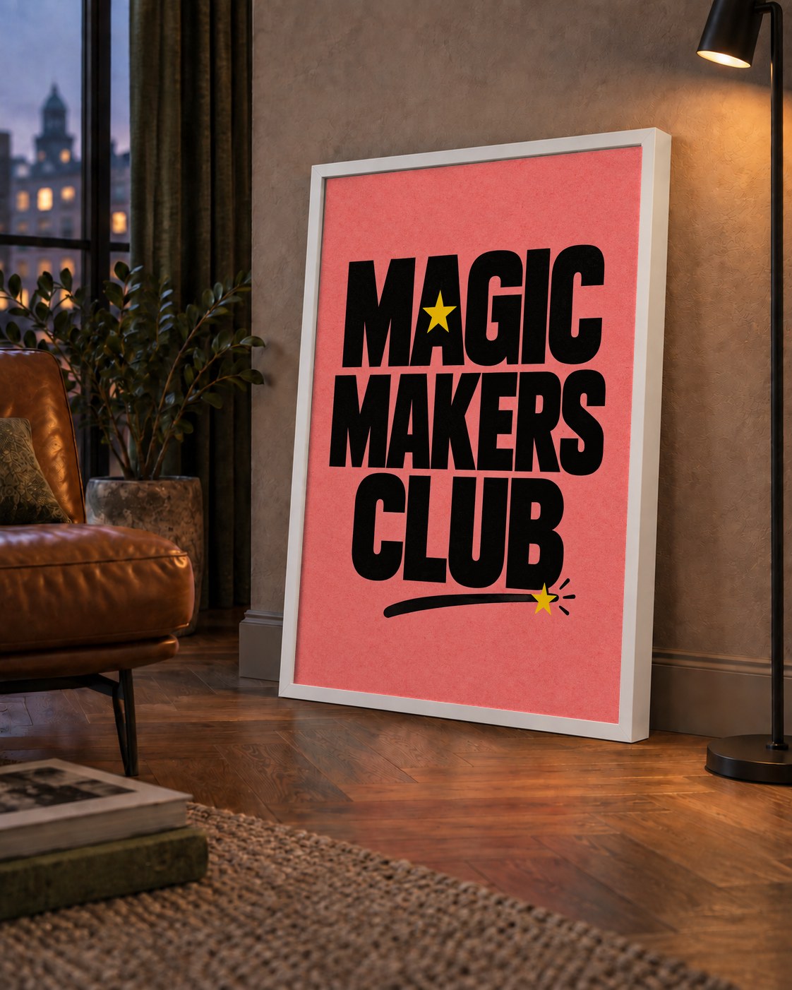 Magic Makers Club – Modern Tipografi Sihirli Poster — çerçeveli hâliyle bir ev duvarında