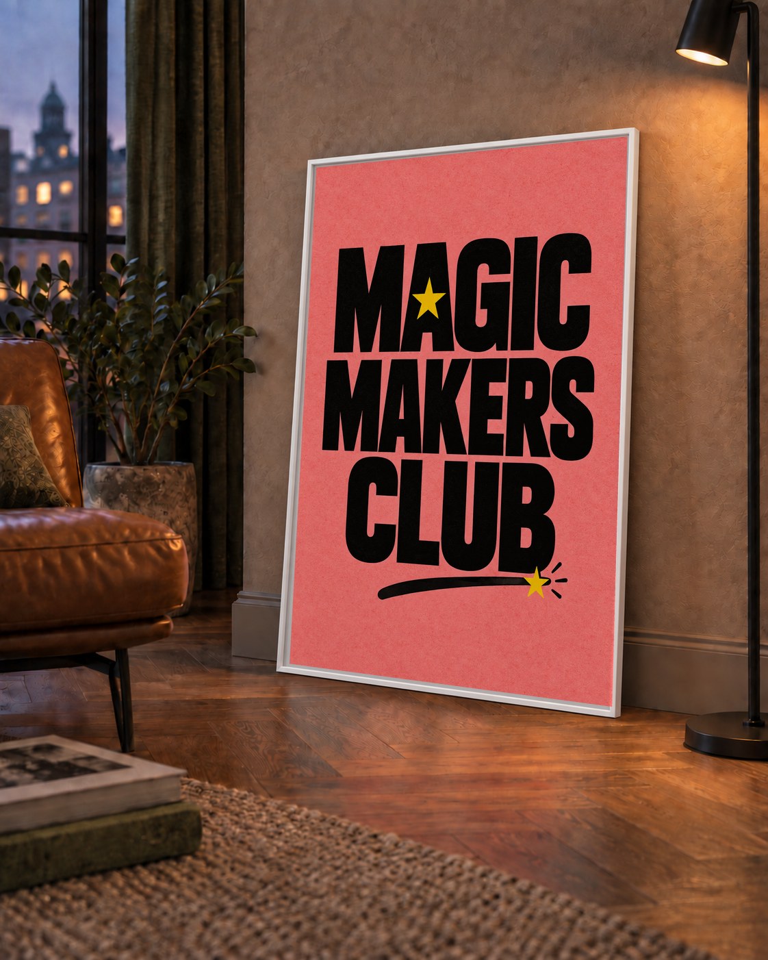 Magic Makers Club – Modern Tipografi Sihirli Poster — çerçeveli hâliyle bir ev duvarında