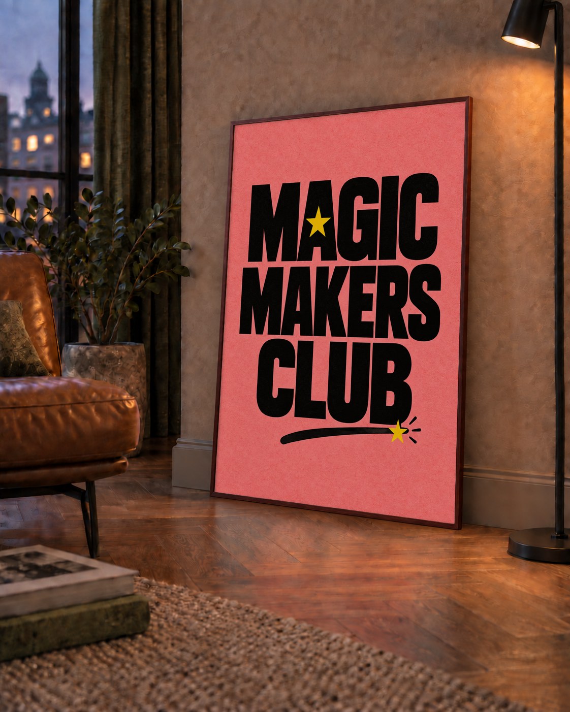 Magic Makers Club – Modern Tipografi Sihirli Poster — çerçeveli hâliyle bir ev duvarında