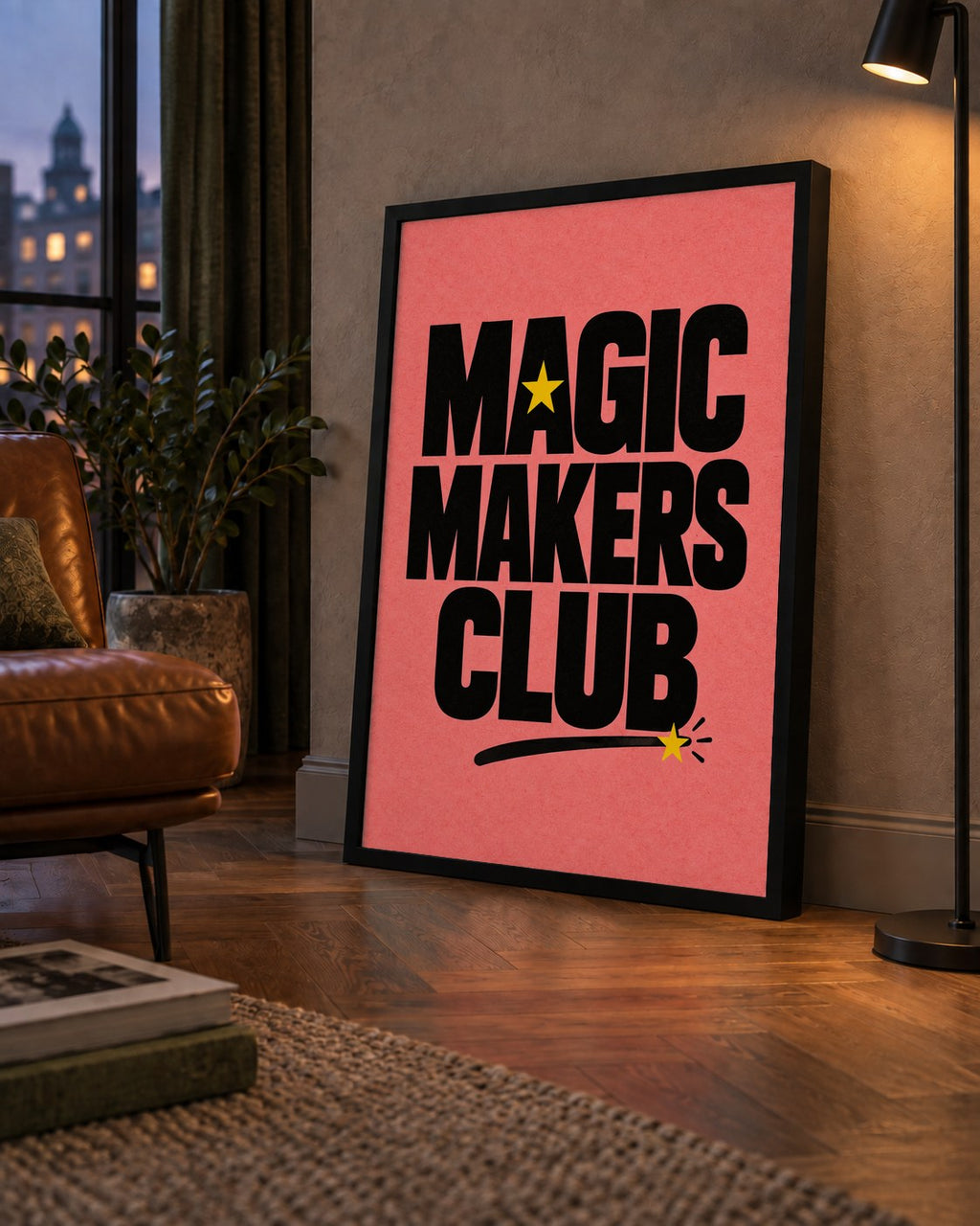 Magic Makers Club – Modern Tipografi Sihirli Poster — çerçeveli hâliyle bir ev duvarında