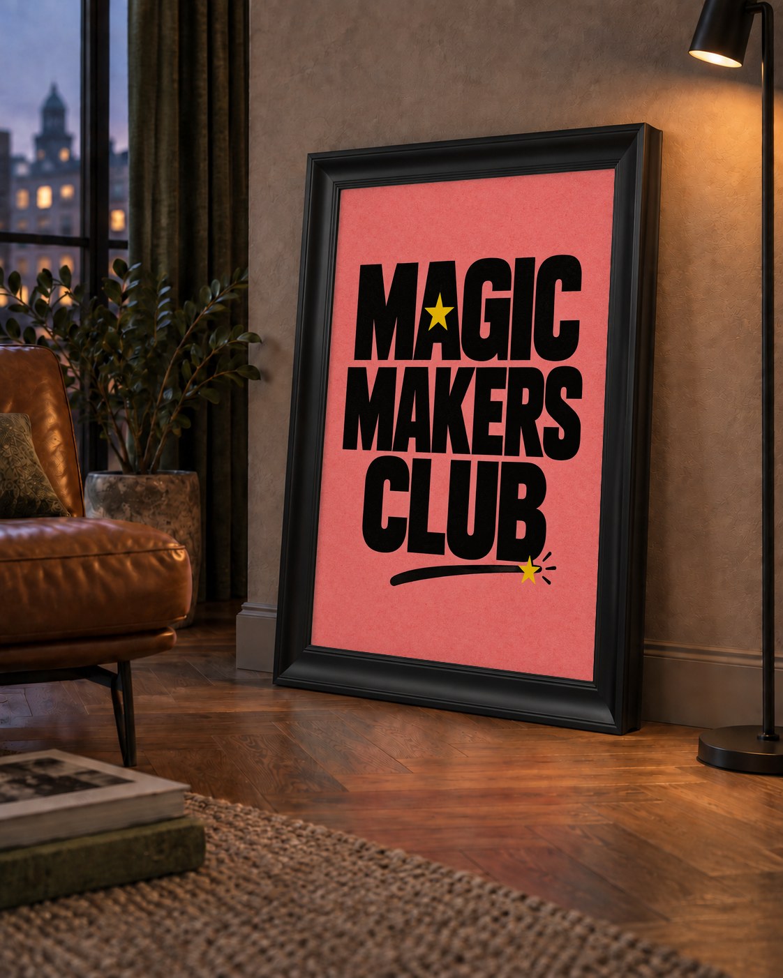 Magic Makers Club – Modern Tipografi Sihirli Poster — çerçeveli hâliyle bir ev duvarında