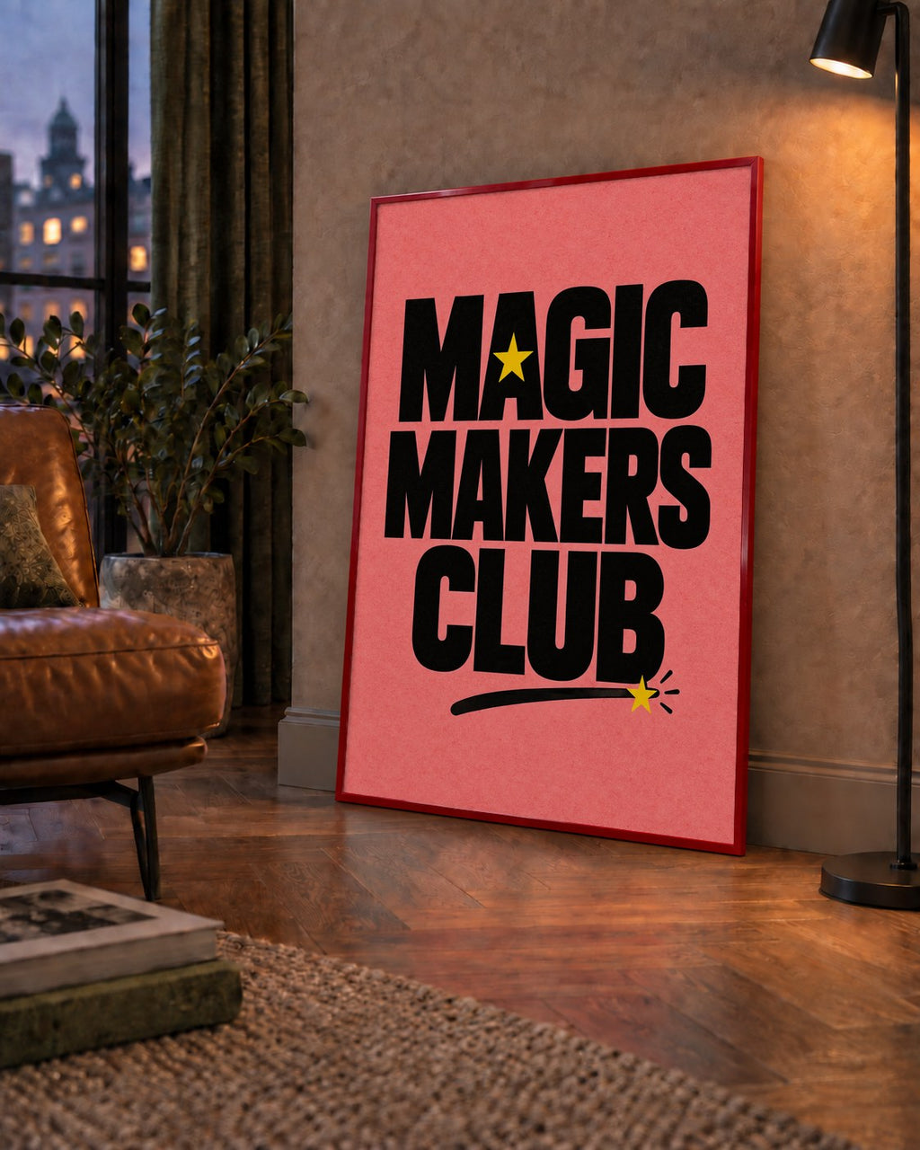 Magic Makers Club – Modern Tipografi Sihirli Poster — çerçeveli hâliyle bir ev duvarında