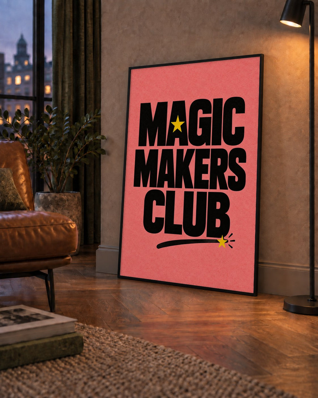 Magic Makers Club – Modern Tipografi Sihirli Poster — çerçeveli hâliyle bir ev duvarında