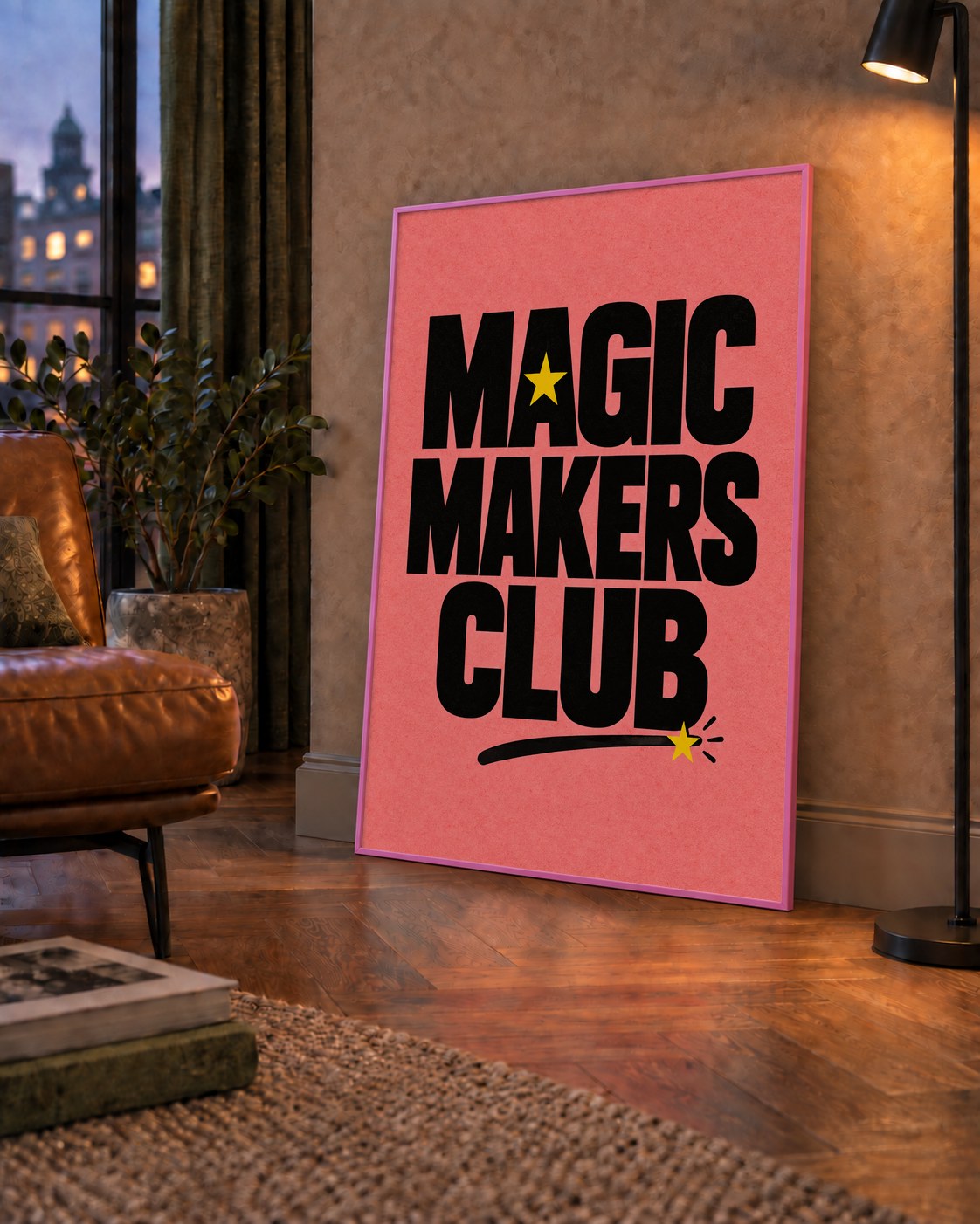 Magic Makers Club – Modern Tipografi Sihirli Poster — çerçeveli hâliyle bir ev duvarında