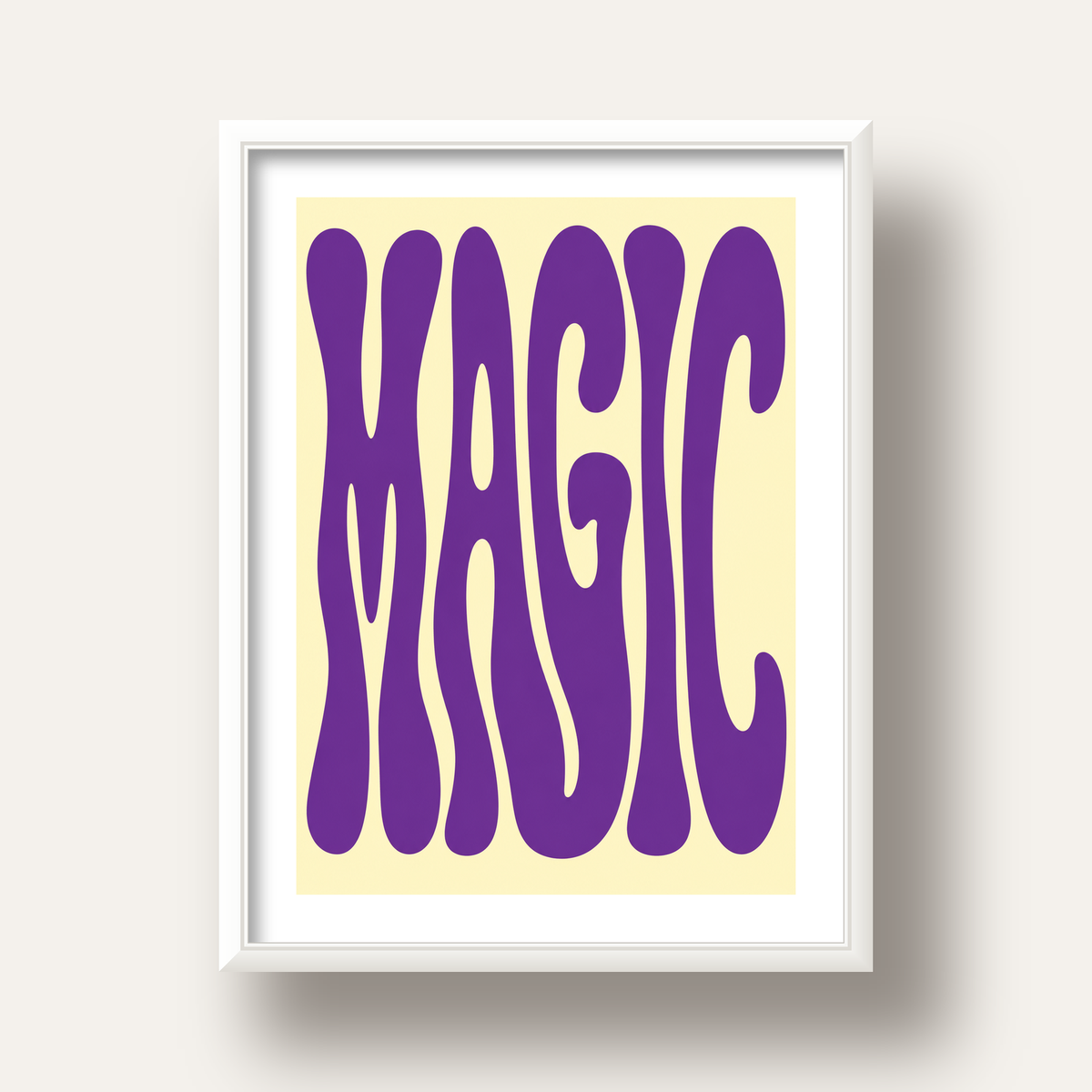 Mor Psychedelic MAGIC Yazılı Retro Poster Duvar Dekoru — beyaz derin çerçeveli paspartulu