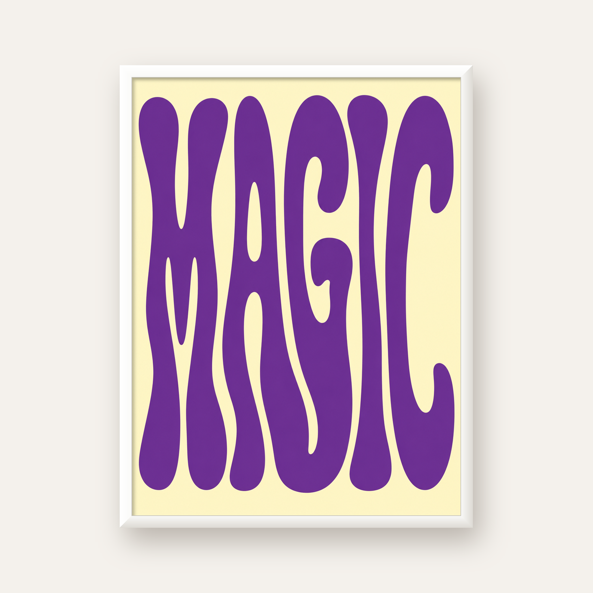 Mor Psychedelic MAGIC Yazılı Retro Poster Duvar Dekoru — beyaz çerçeveli dikey poster