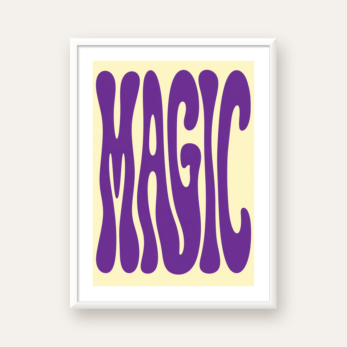 Mor Psychedelic MAGIC Yazılı Retro Poster Duvar Dekoru — beyaz çerçeveli dikey poster