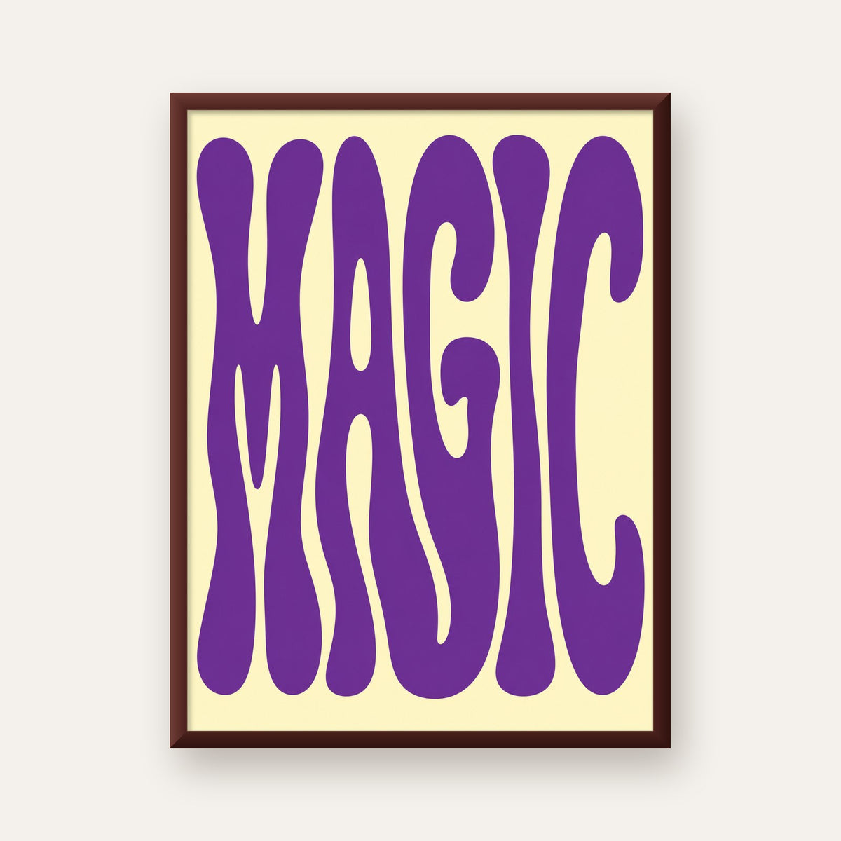 Mor Psychedelic MAGIC Yazılı Retro Poster Duvar Dekoru — ceviz çerçeveli