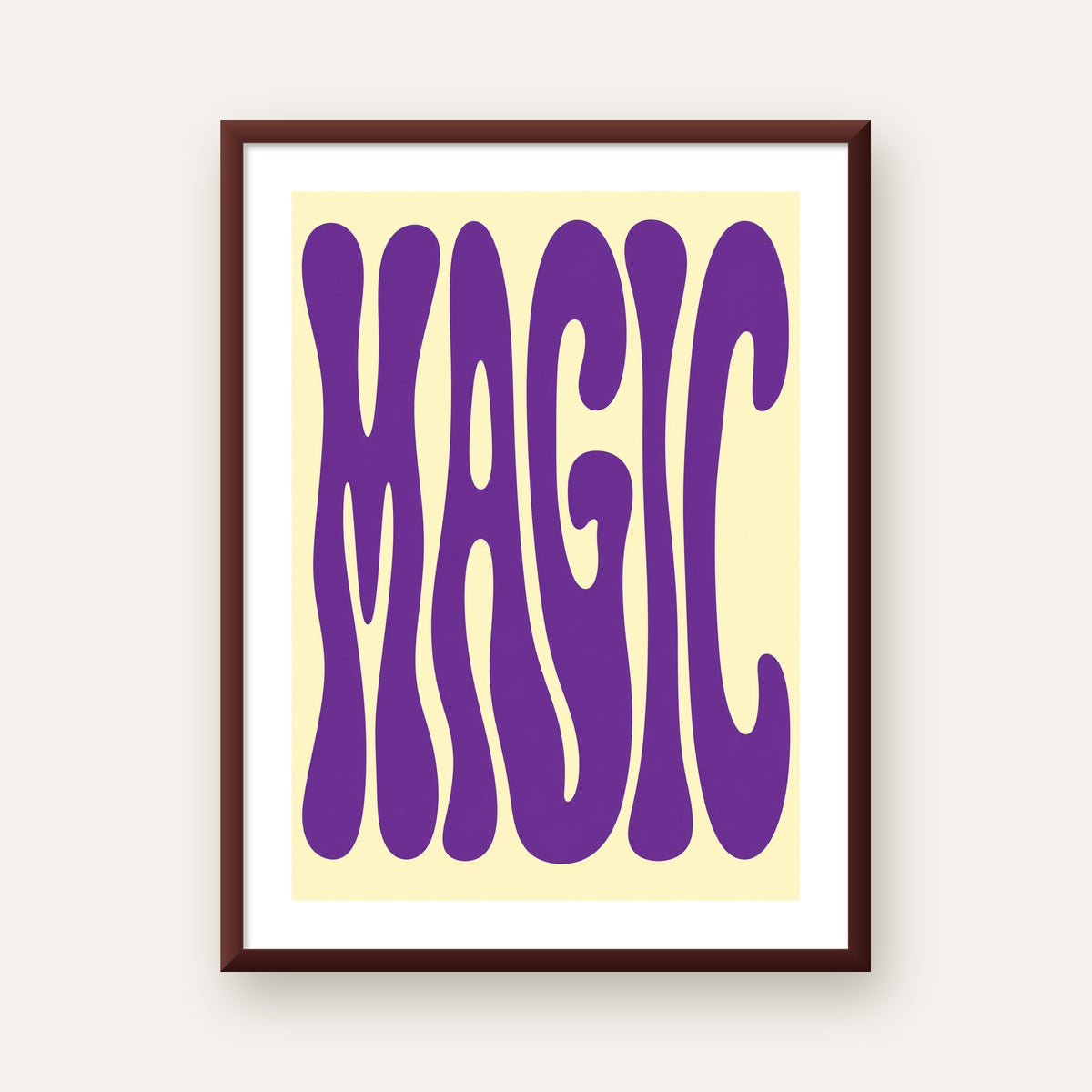 Mor Psychedelic MAGIC Yazılı Retro Poster Duvar Dekoru — ceviz çerçeveli paspartulu