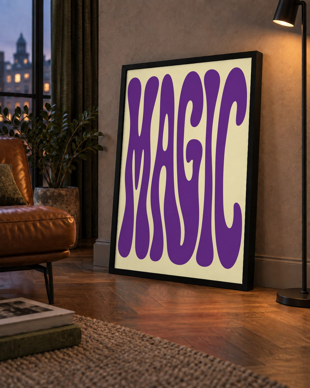 Mor Psychedelic MAGIC Yazılı Retro Poster Duvar Dekoru — çerçeveli hâliyle bir ev duvarında