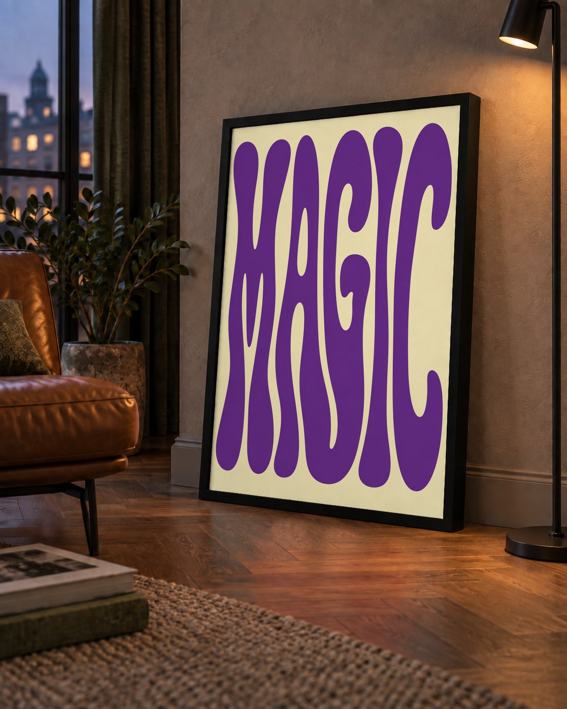 Mor Psychedelic MAGIC Yazılı Retro Poster Duvar Dekoru — çerçeveli hâliyle bir ev duvarında