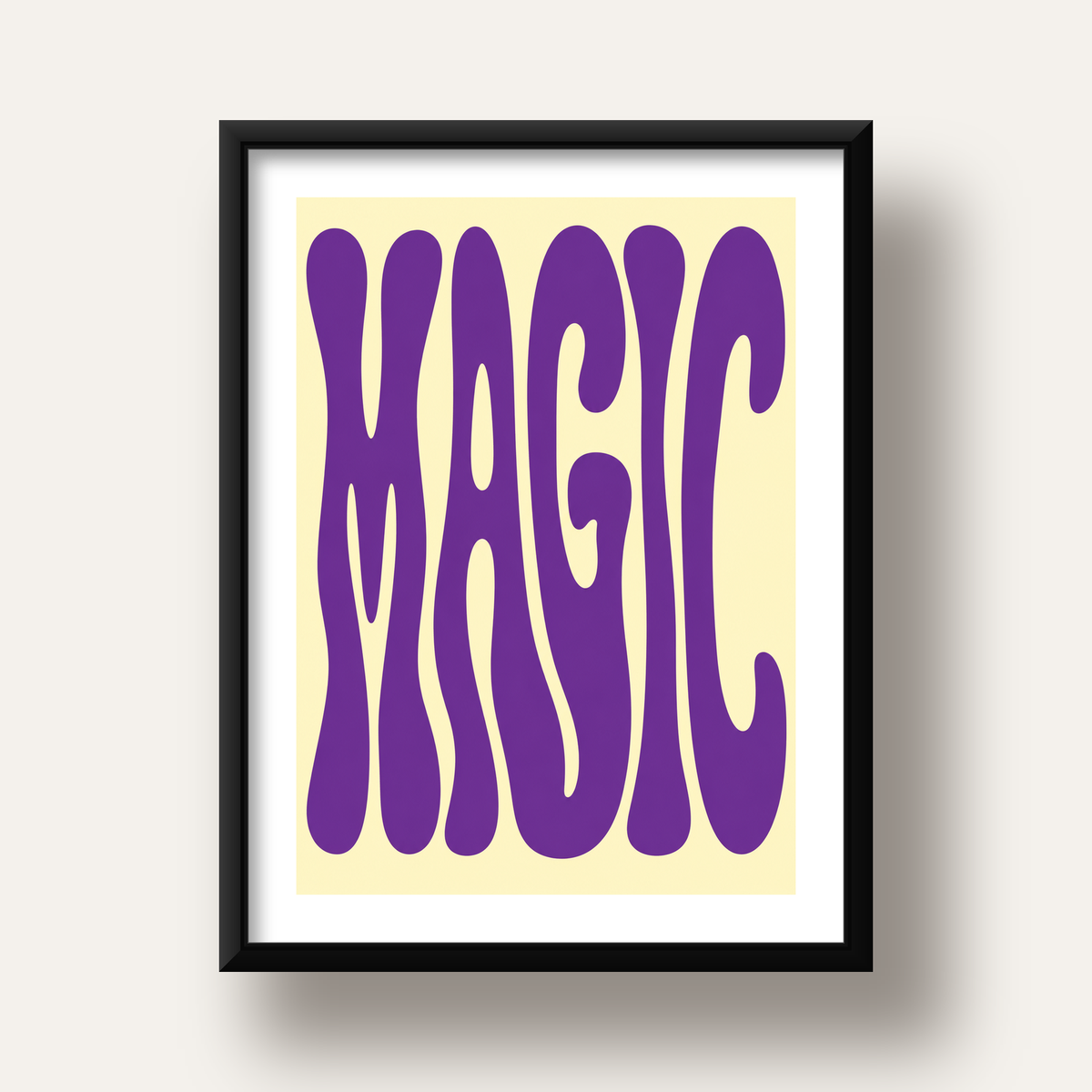 Mor Psychedelic MAGIC Yazılı Retro Poster Duvar Dekoru — siyah derin çerçeveli paspartulu
