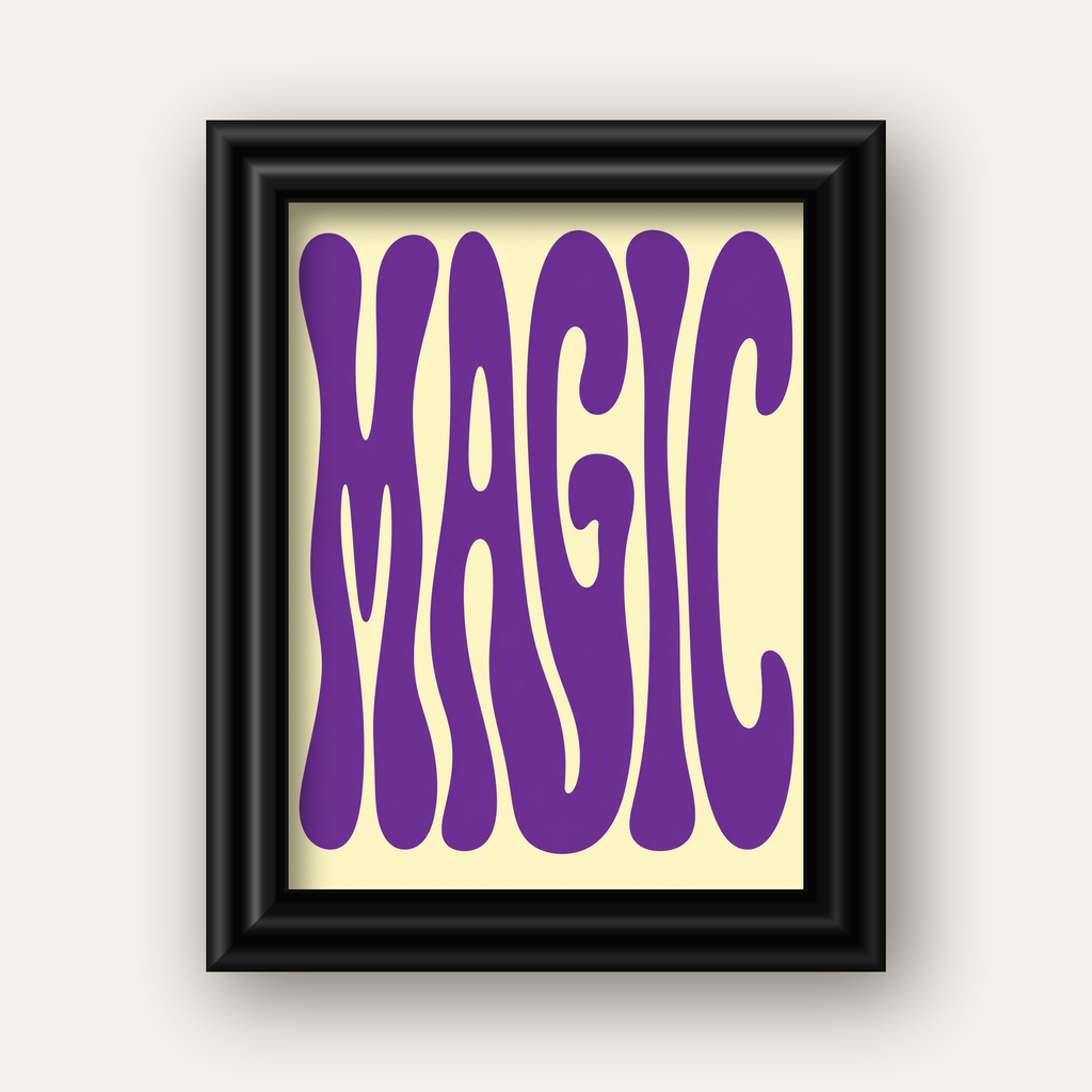 Mor Psychedelic MAGIC Yazılı Retro Poster Duvar Dekoru — siyah galeri çerçeveli