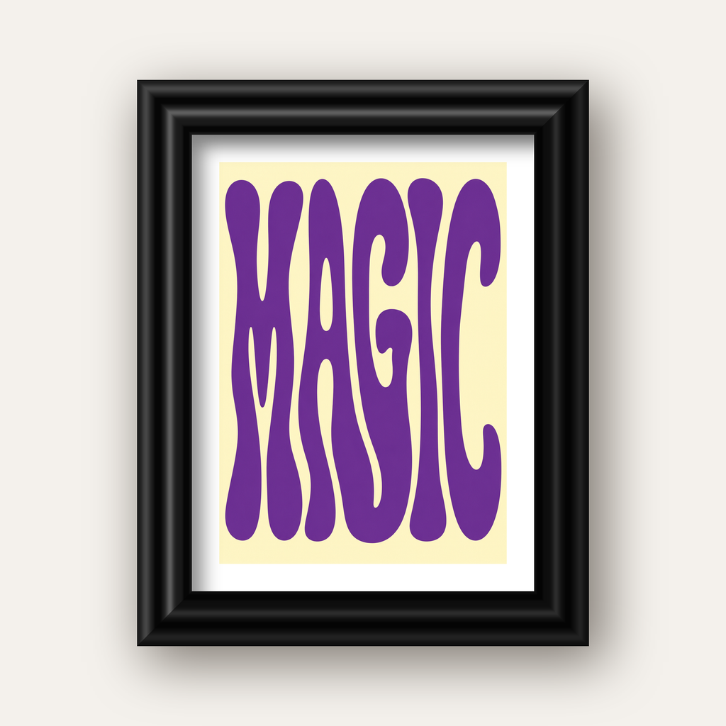 Mor Psychedelic MAGIC Yazılı Retro Poster Duvar Dekoru — siyah galeri çerçeveli paspartulu