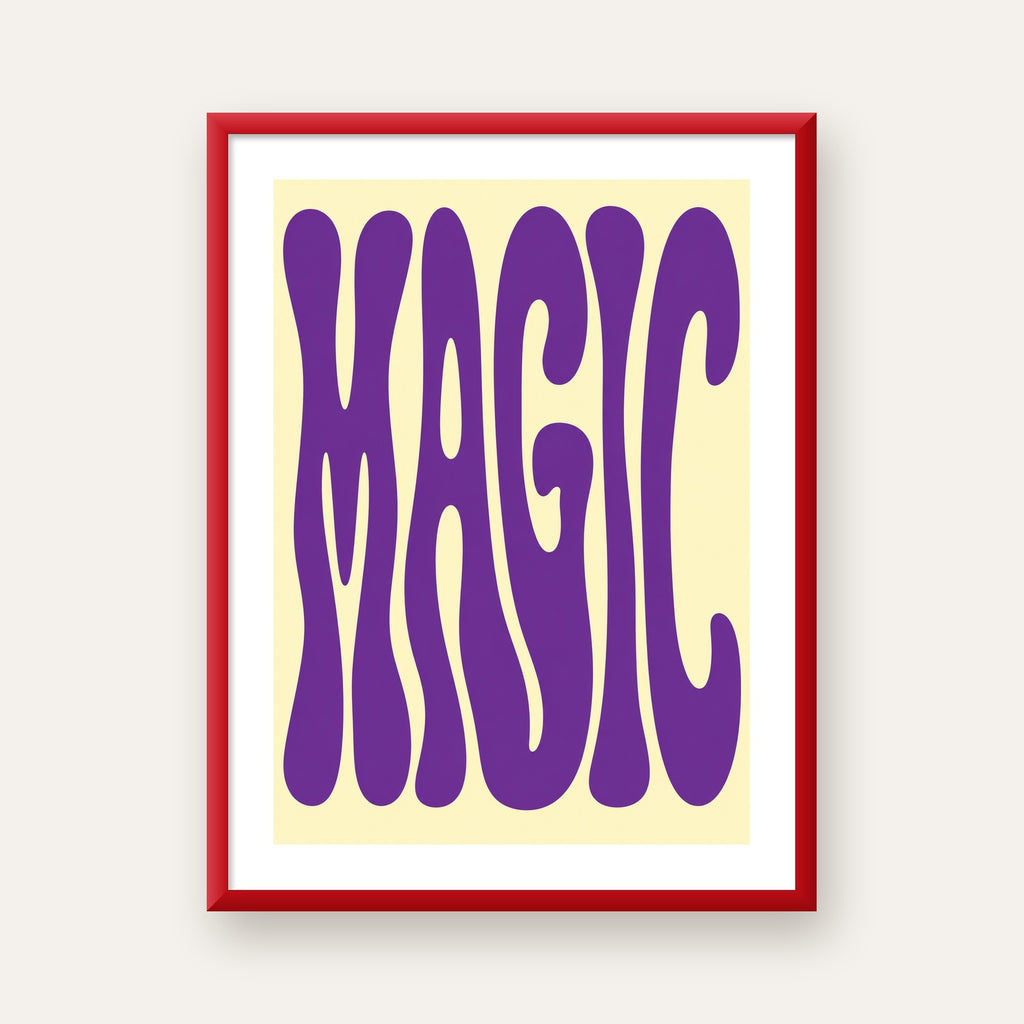 Mor Psychedelic MAGIC Yazılı Retro Poster Duvar Dekoru — kırmızı çerçeveli paspartulu