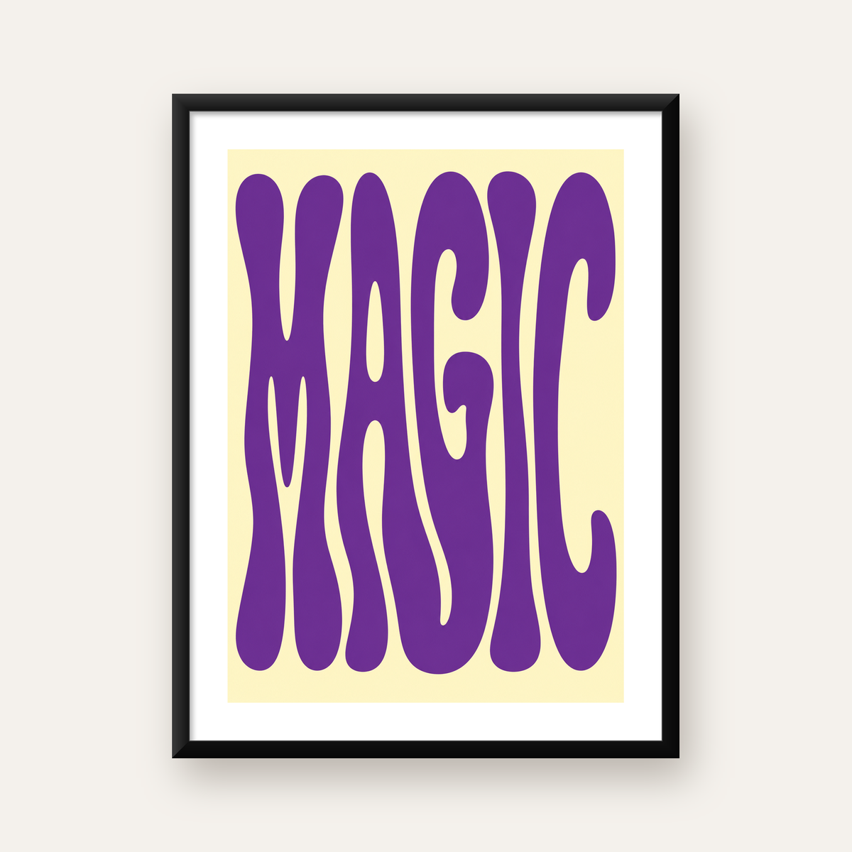 Mor Psychedelic MAGIC Yazılı Retro Poster Duvar Dekoru — Dikey baskı, beyaz paspartulu