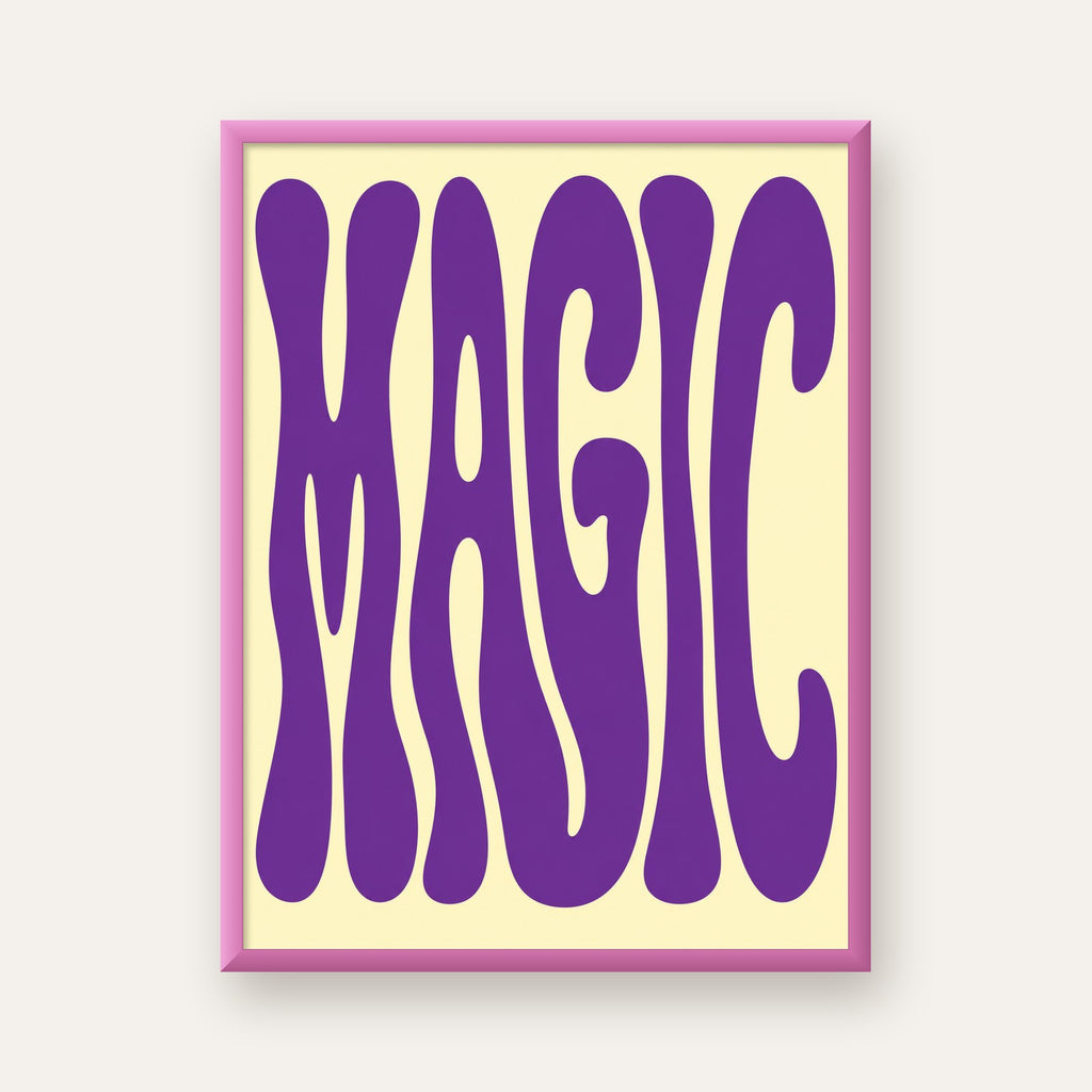 Mor Psychedelic MAGIC Yazılı Retro Poster Duvar Dekoru — pembe çerçeveli