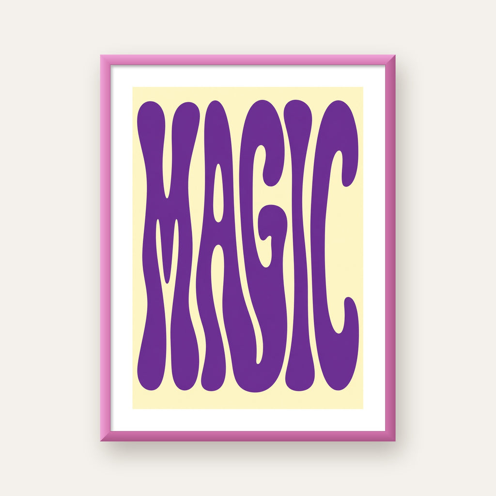 Mor Psychedelic MAGIC Yazılı Retro Poster Duvar Dekoru — pembe çerçeveli paspartulu