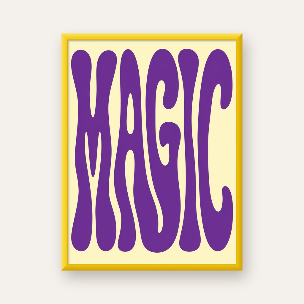 Mor Psychedelic MAGIC Yazılı Retro Poster Duvar Dekoru — sarı çerçeveli