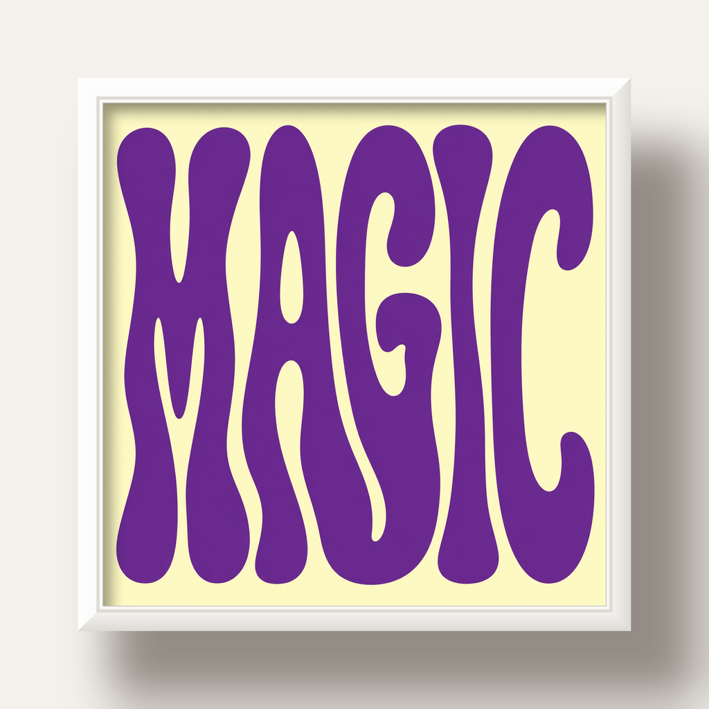 Mor Psychedelic MAGIC Yazılı Retro Poster Duvar Dekoru — beyaz derin çerçeveli