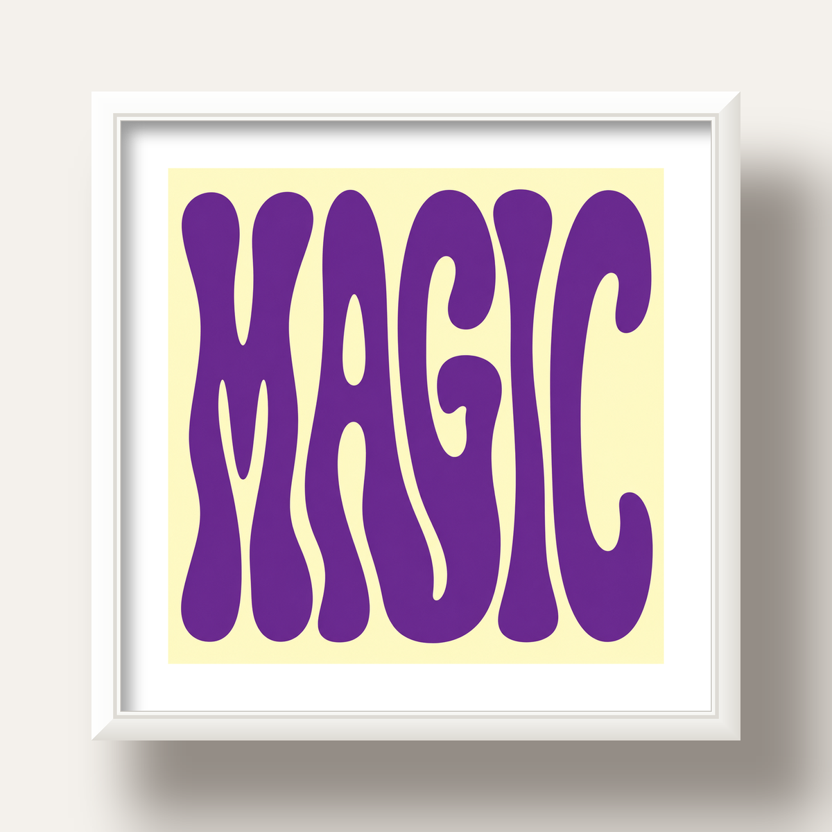 Mor Psychedelic MAGIC Yazılı Retro Poster Duvar Dekoru — beyaz derin çerçeveli paspartulu