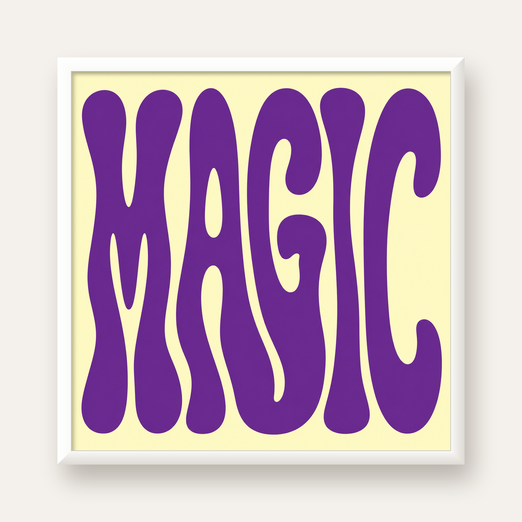 Mor Psychedelic MAGIC Yazılı Retro Poster Duvar Dekoru — beyaz çerçeveli kare poster