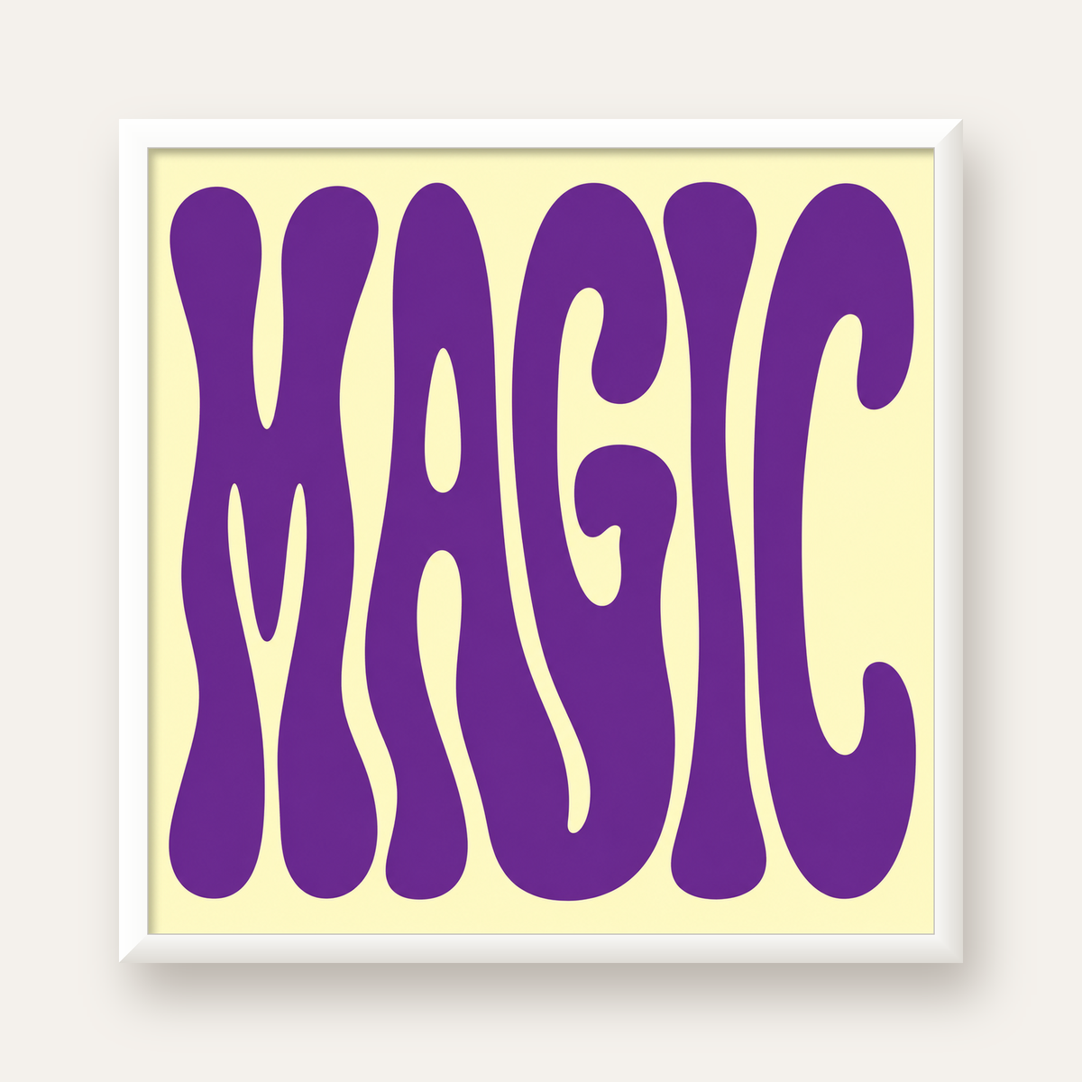 Mor Psychedelic MAGIC Yazılı Retro Poster Duvar Dekoru — beyaz çerçeveli kare poster