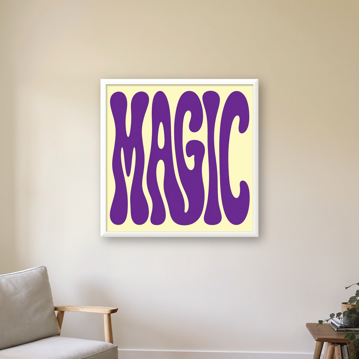 Mor Psychedelic MAGIC Yazılı Retro Poster Duvar Dekoru — beyaz çerçeveli kare poster