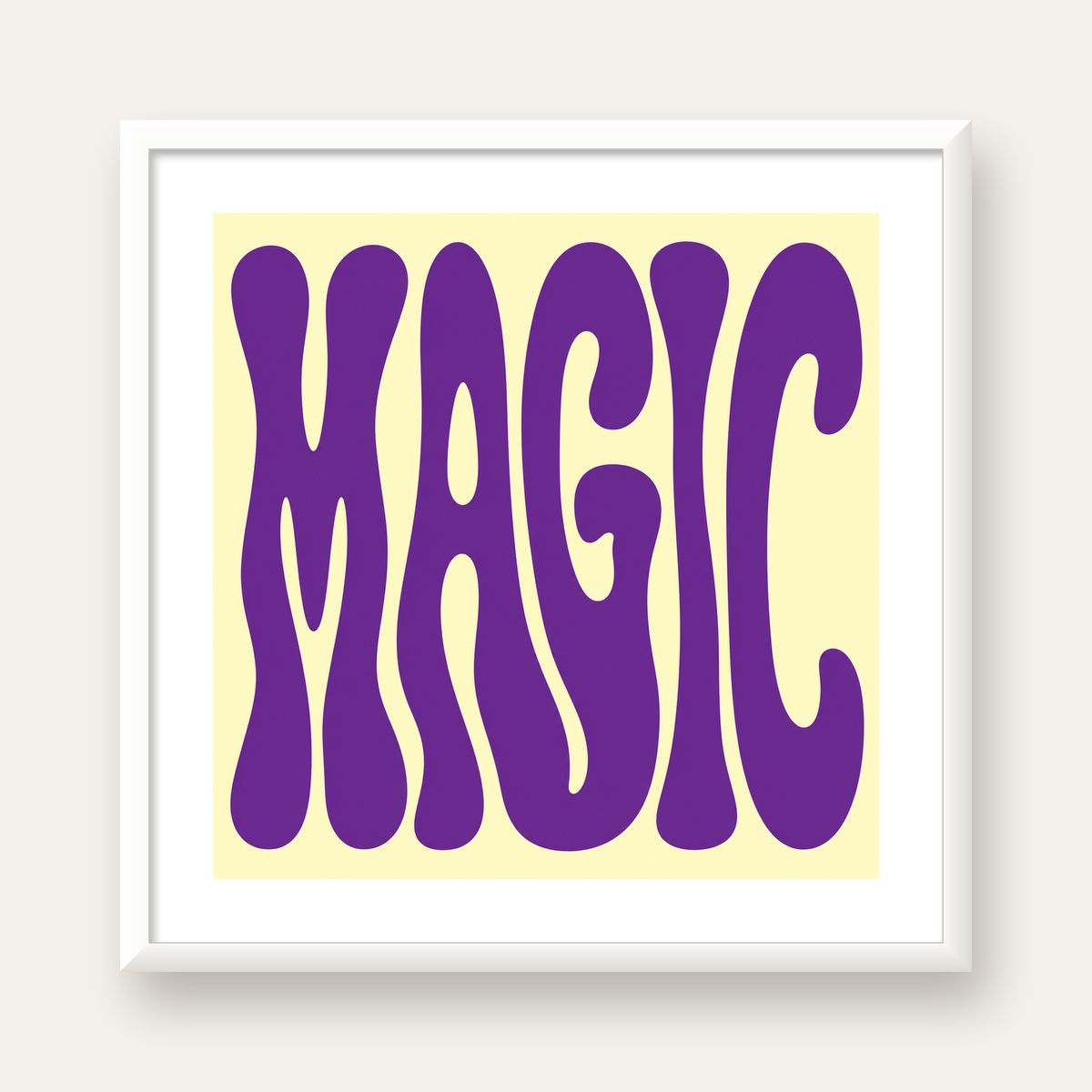 Mor Psychedelic MAGIC Yazılı Retro Poster Duvar Dekoru — beyaz çerçeveli kare poster