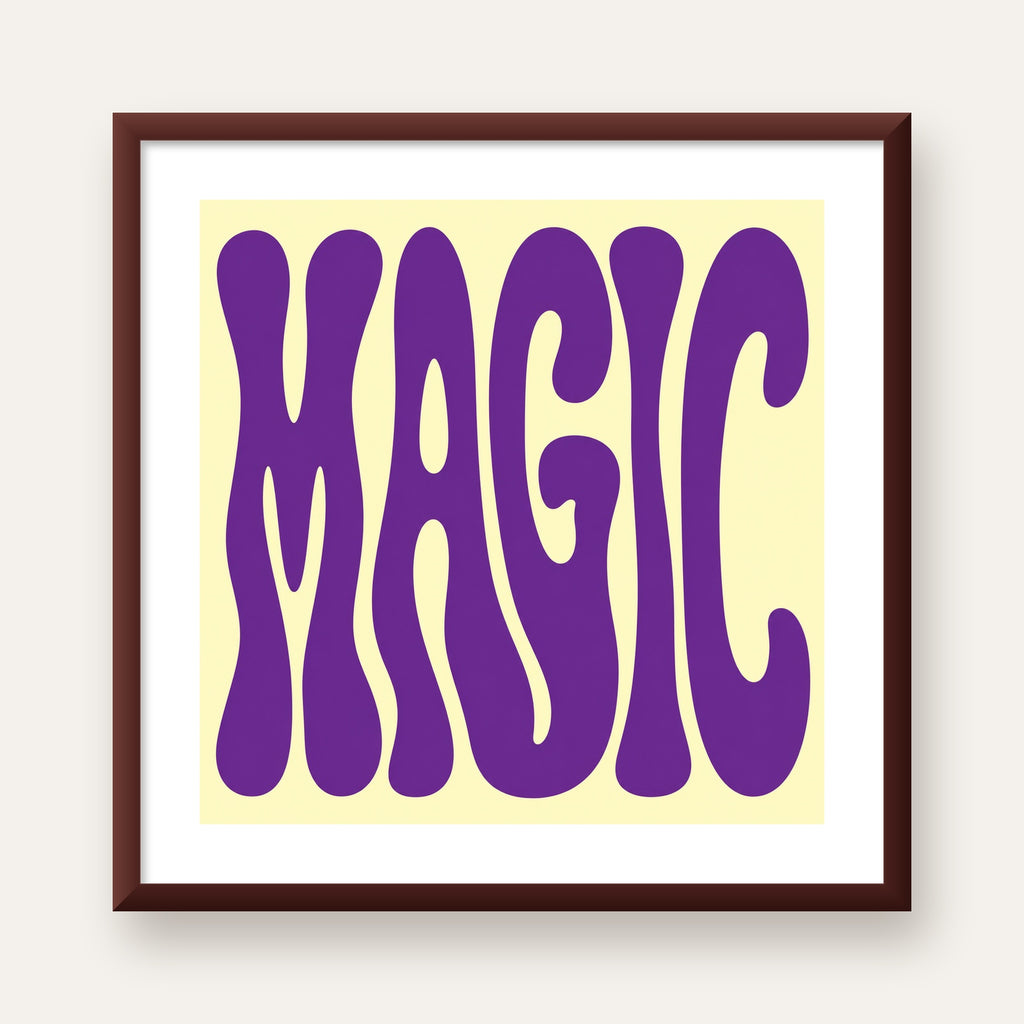 Mor Psychedelic MAGIC Yazılı Retro Poster Duvar Dekoru — ceviz çerçeveli paspartulu