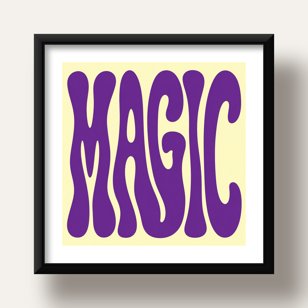 Mor Psychedelic MAGIC Yazılı Retro Poster Duvar Dekoru — siyah derin çerçeveli paspartulu