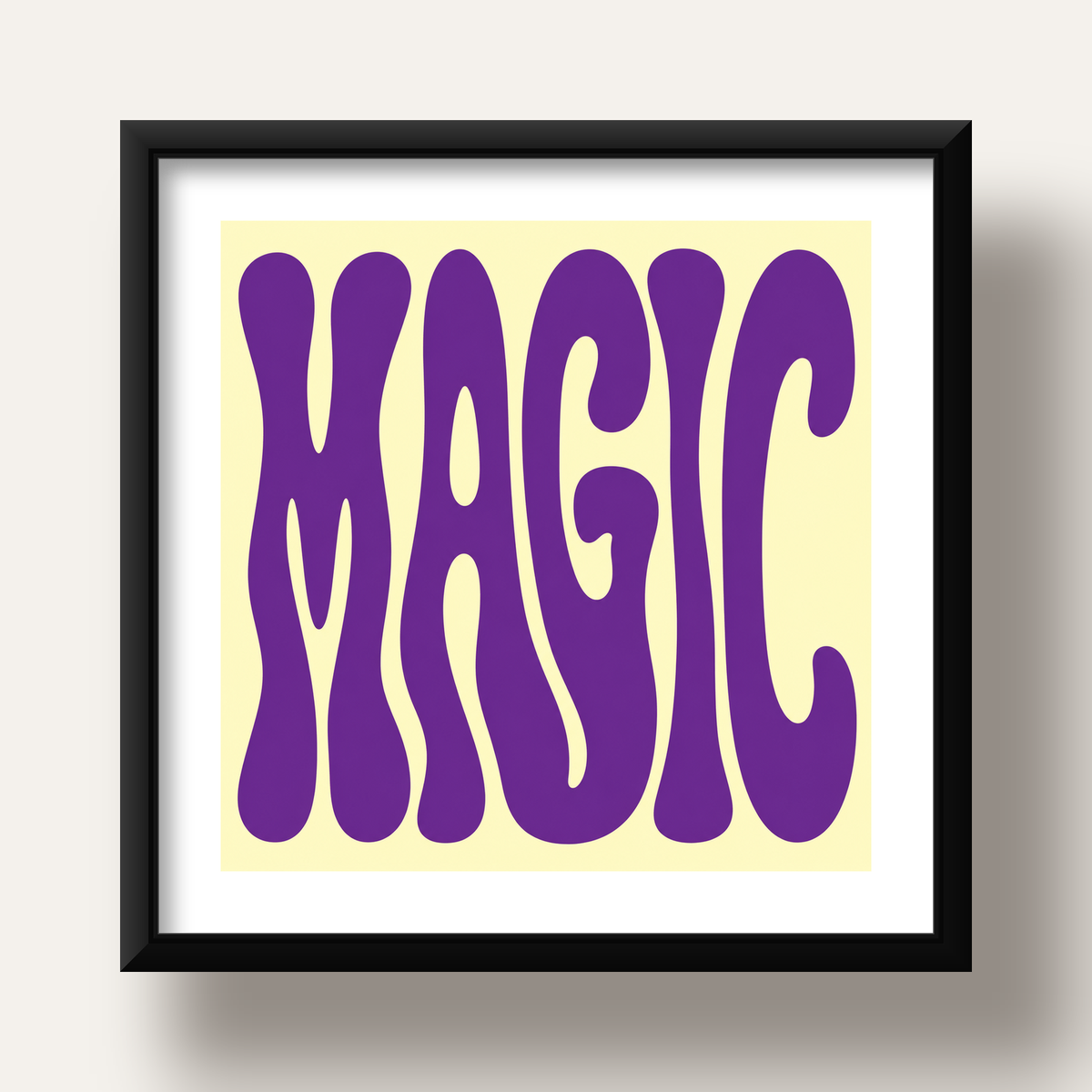Mor Psychedelic MAGIC Yazılı Retro Poster Duvar Dekoru — siyah derin çerçeveli paspartulu