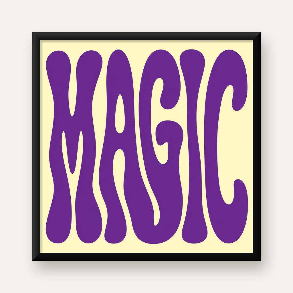 Mor Psychedelic MAGIC Yazılı Retro Poster Duvar Dekoru — Kare baskı, düz siyah çerçeveli duvar posteri