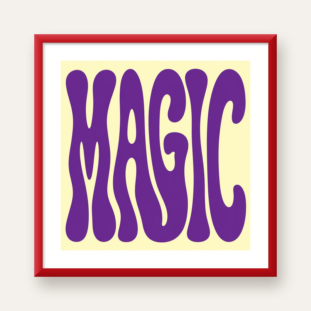 Mor Psychedelic MAGIC Yazılı Retro Poster Duvar Dekoru — kırmızı çerçeveli paspartulu