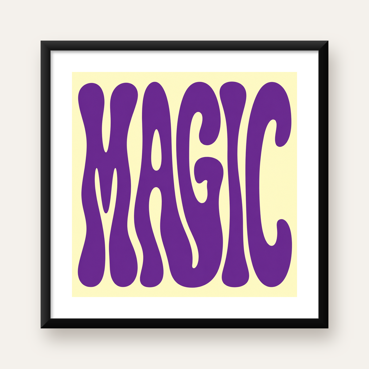 Mor Psychedelic MAGIC Yazılı Retro Poster Duvar Dekoru — Kare baskı, beyaz paspartulu