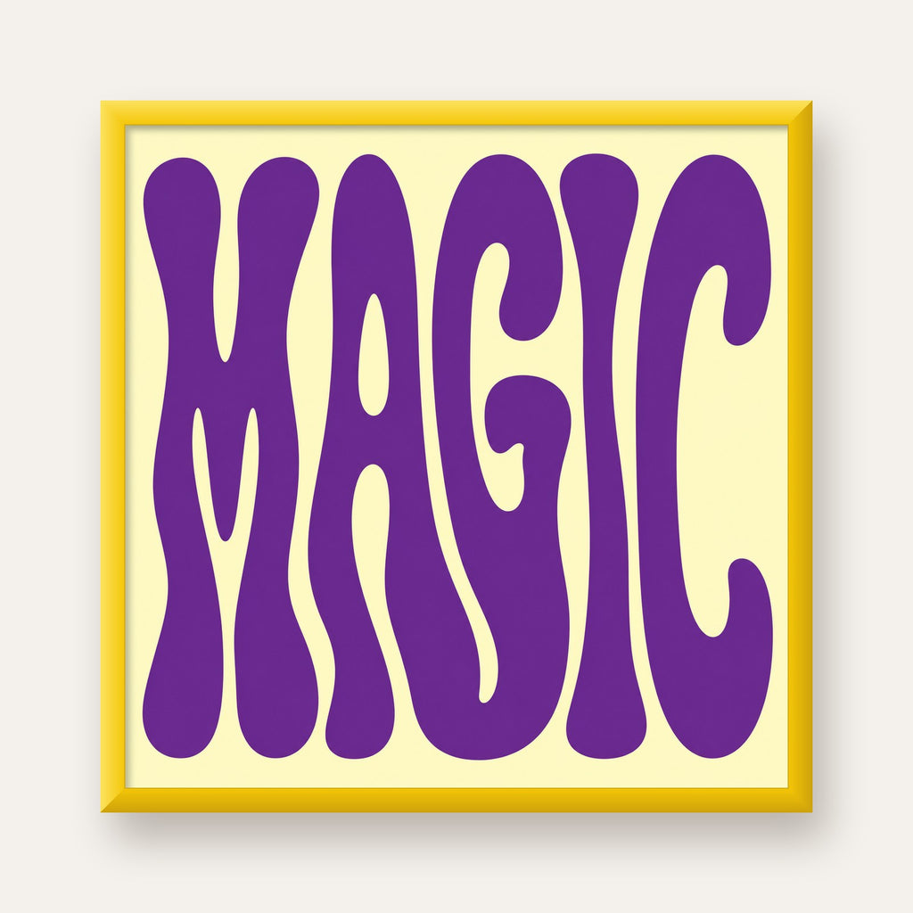 Mor Psychedelic MAGIC Yazılı Retro Poster Duvar Dekoru — sarı çerçeveli