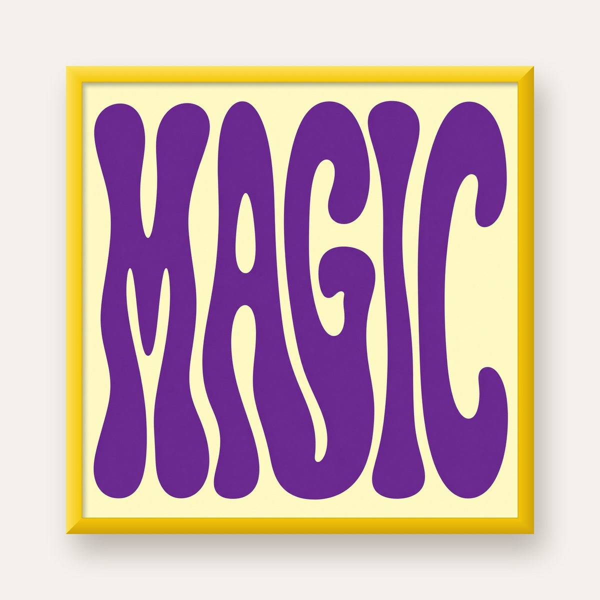 Mor Psychedelic MAGIC Yazılı Retro Poster Duvar Dekoru — sarı çerçeveli