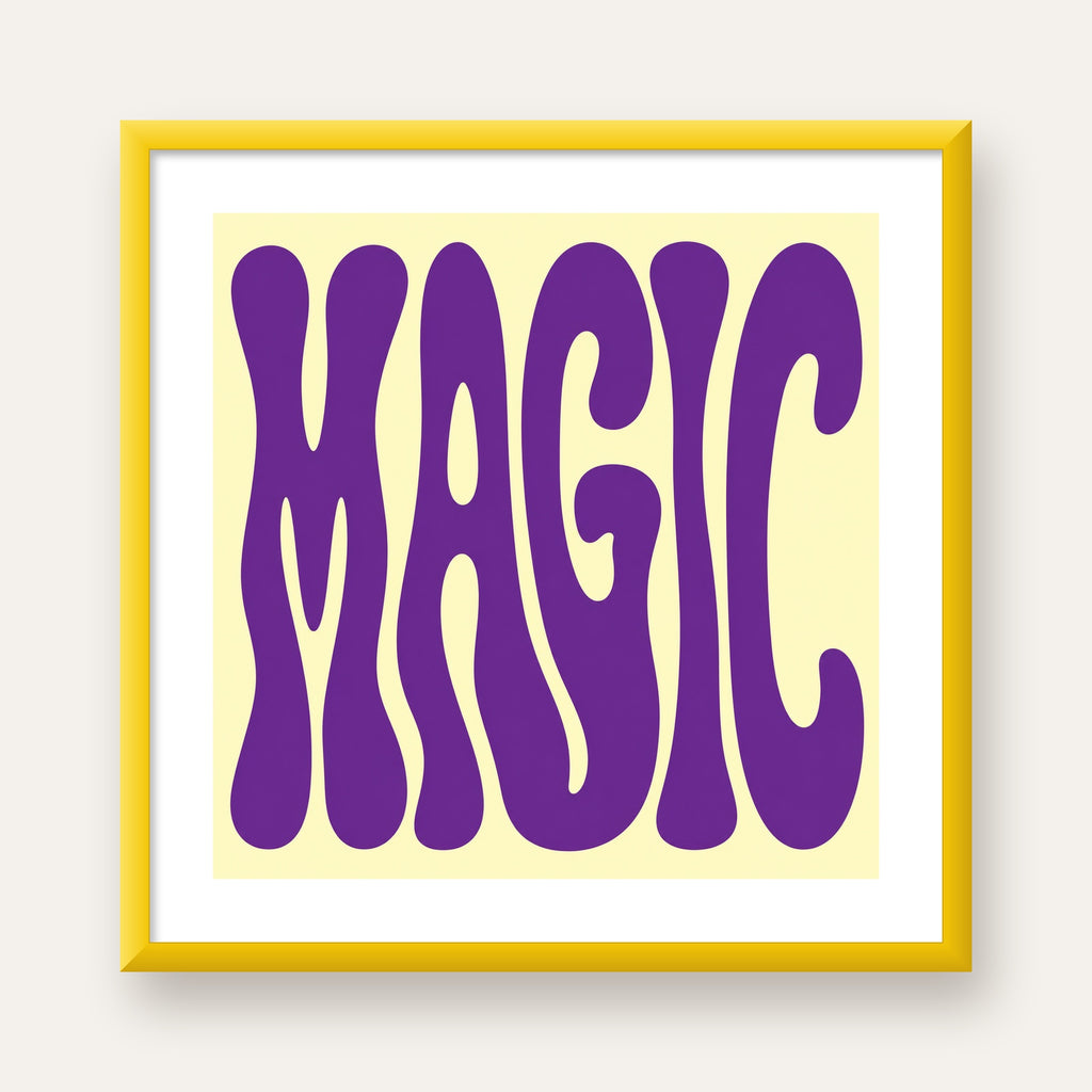 Mor Psychedelic MAGIC Yazılı Retro Poster Duvar Dekoru — sarı çerçeveli paspartulu