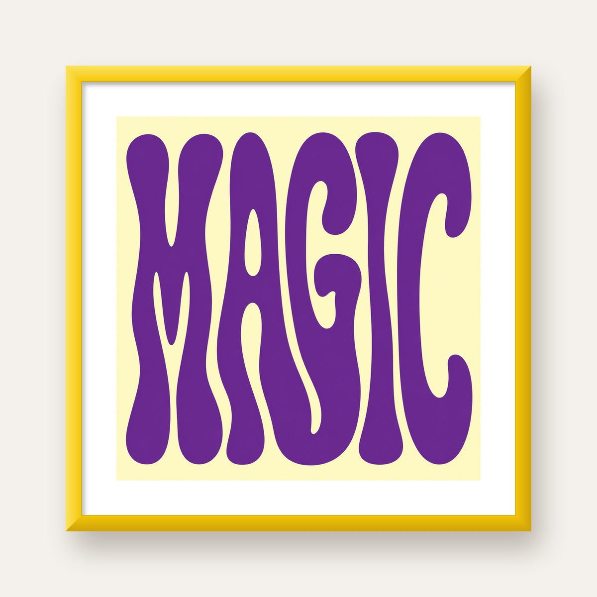 Mor Psychedelic MAGIC Yazılı Retro Poster Duvar Dekoru — sarı çerçeveli paspartulu