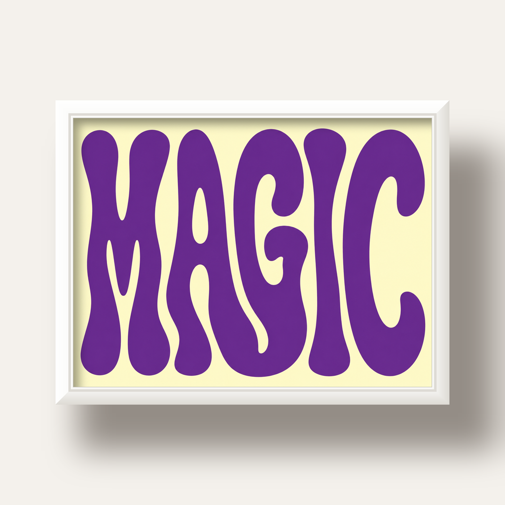 Mor Psychedelic MAGIC Yazılı Retro Poster Duvar Dekoru — beyaz derin çerçeveli
