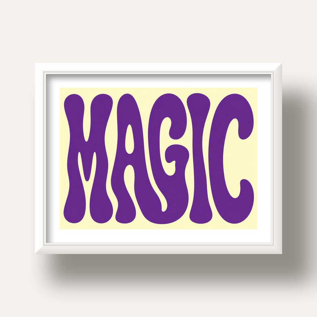 Mor Psychedelic MAGIC Yazılı Retro Poster Duvar Dekoru — beyaz derin çerçeveli paspartulu