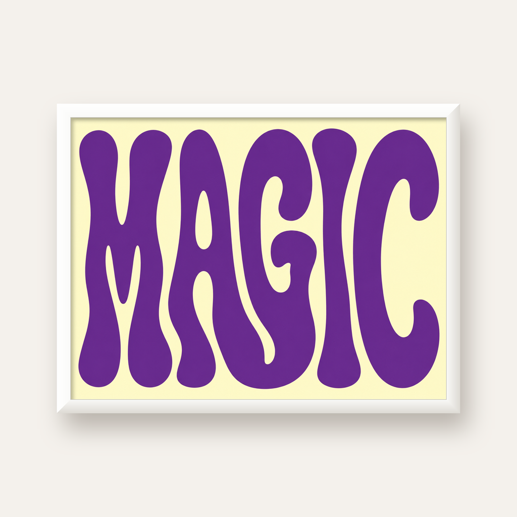 Mor Psychedelic MAGIC Yazılı Retro Poster Duvar Dekoru — beyaz çerçeveli yatay poster