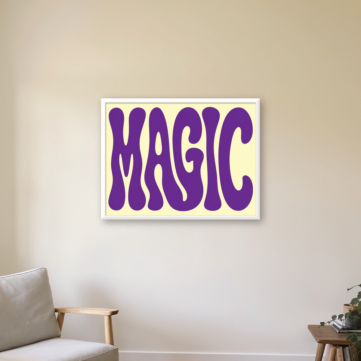 Mor Psychedelic MAGIC Yazılı Retro Poster Duvar Dekoru — beyaz çerçeveli yatay poster