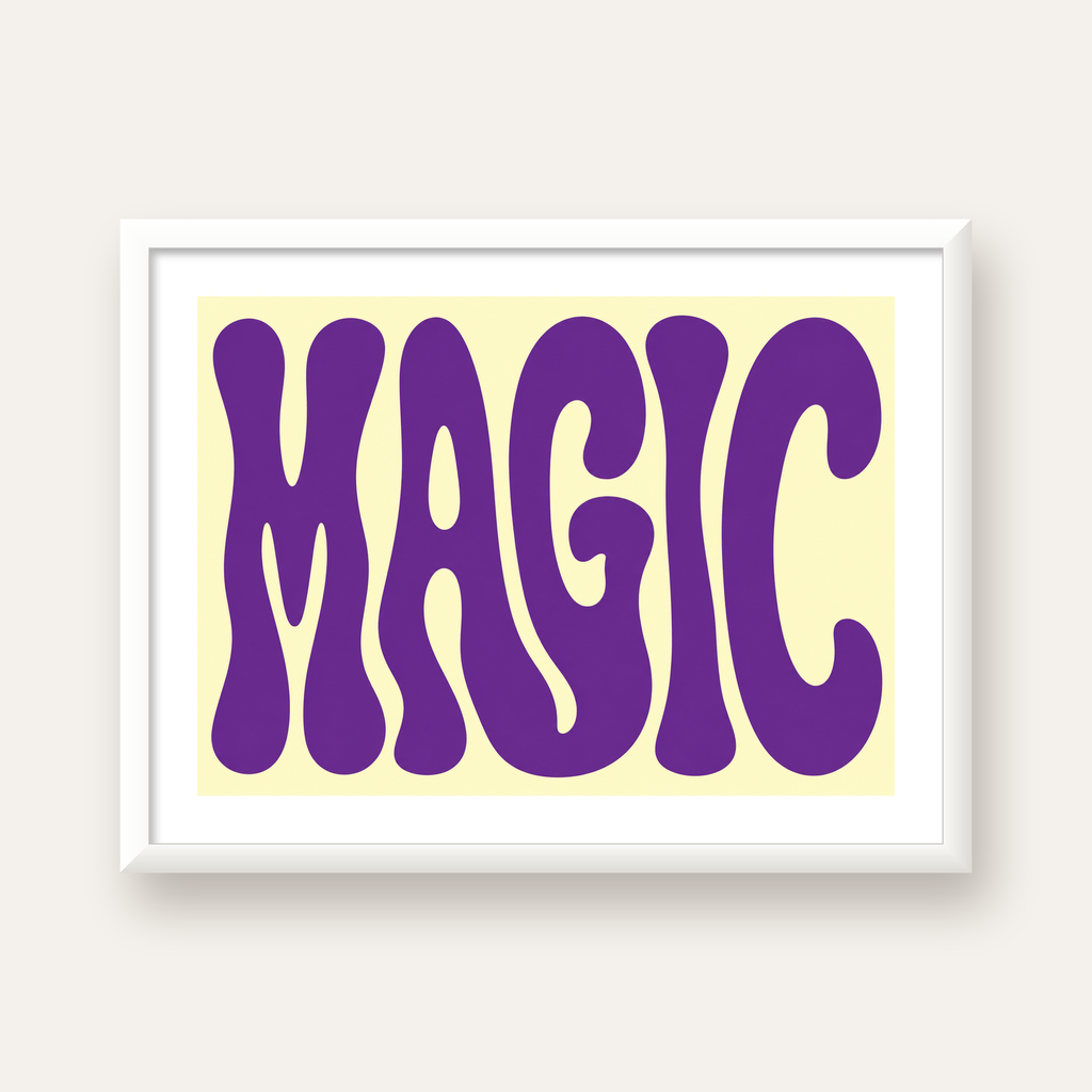 Mor Psychedelic MAGIC Yazılı Retro Poster Duvar Dekoru — beyaz çerçeveli yatay poster