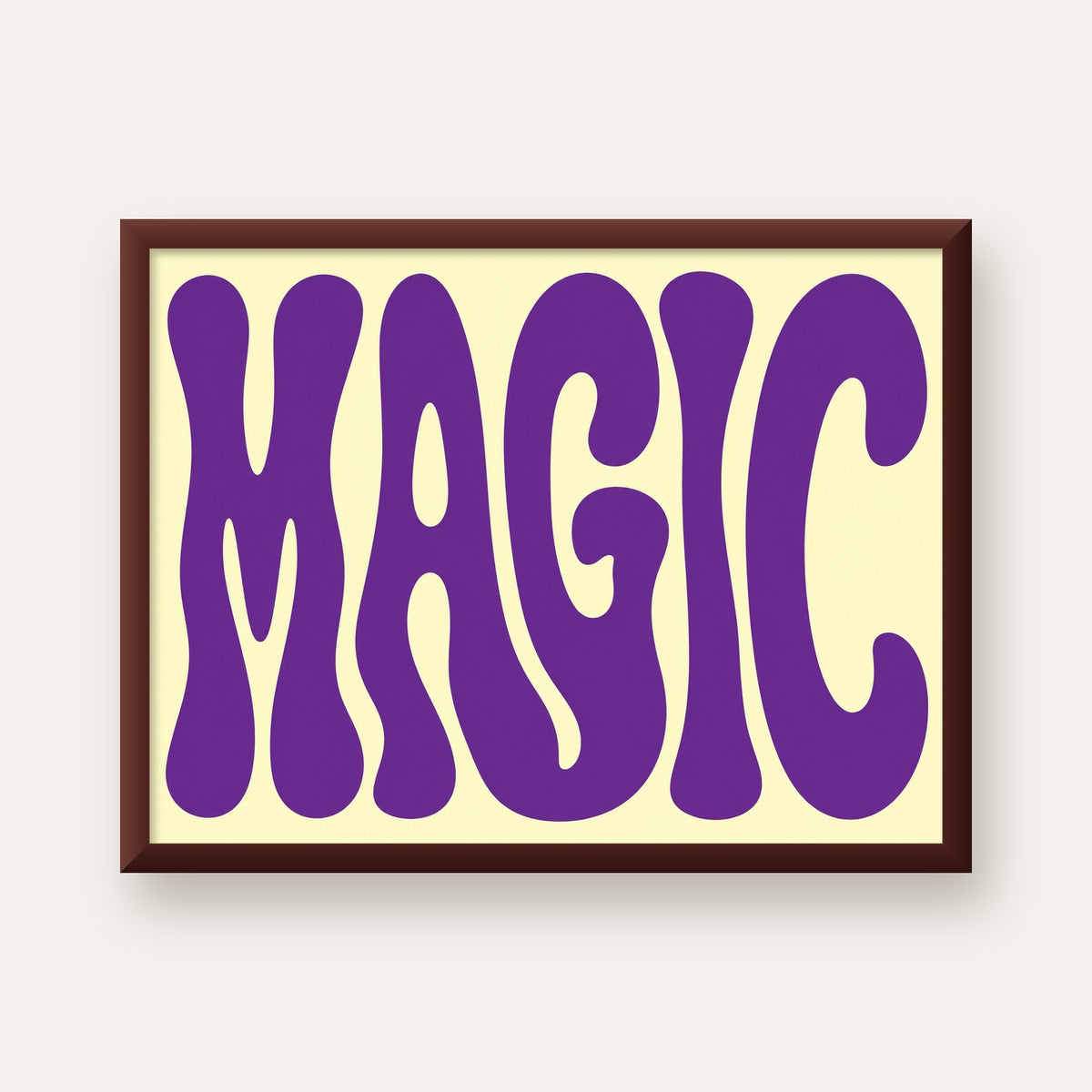 Mor Psychedelic MAGIC Yazılı Retro Poster Duvar Dekoru — ceviz çerçeveli