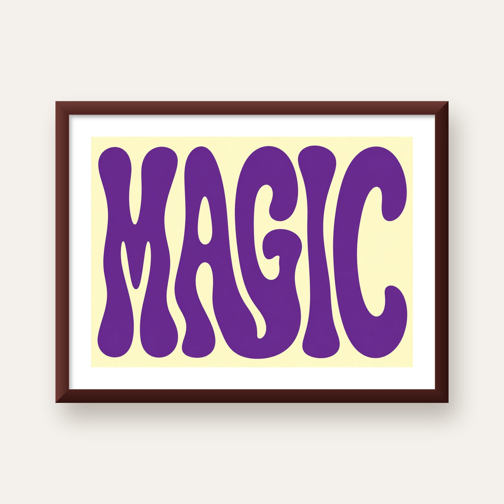 Mor Psychedelic MAGIC Yazılı Retro Poster Duvar Dekoru — ceviz çerçeveli paspartulu