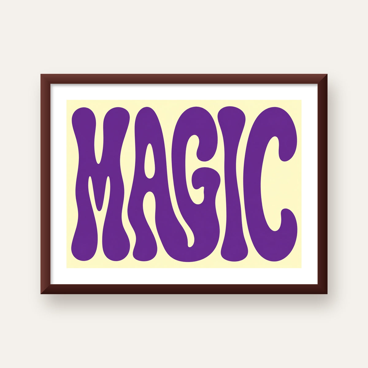 Mor Psychedelic MAGIC Yazılı Retro Poster Duvar Dekoru — ceviz çerçeveli paspartulu