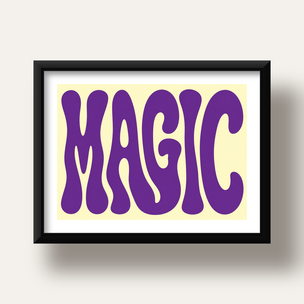 Mor Psychedelic MAGIC Yazılı Retro Poster Duvar Dekoru — siyah derin çerçeveli paspartulu