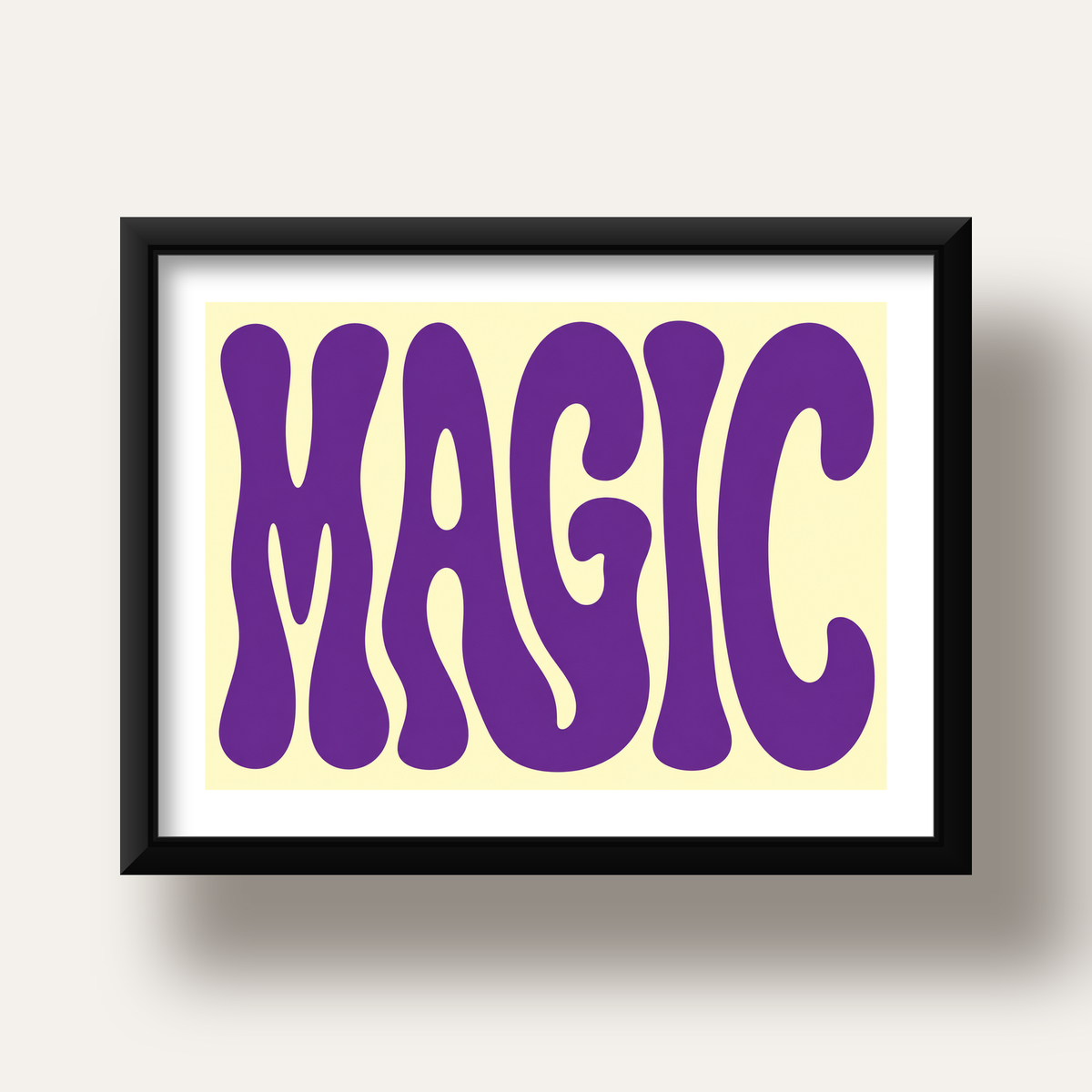 Mor Psychedelic MAGIC Yazılı Retro Poster Duvar Dekoru — siyah derin çerçeveli paspartulu